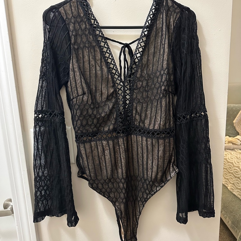 Black Bell Sleeve Asymmetrical Bodysuit